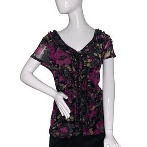212 Collection blouse Short Sleeve Size L Full Lining Ruffles on Front Floral